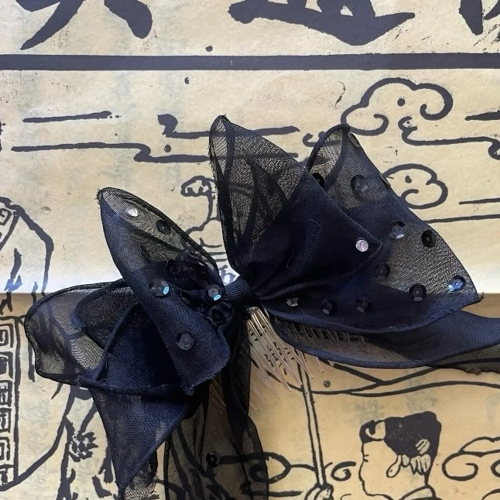 Vintage Chiffon Sequined Black Bow with Comb